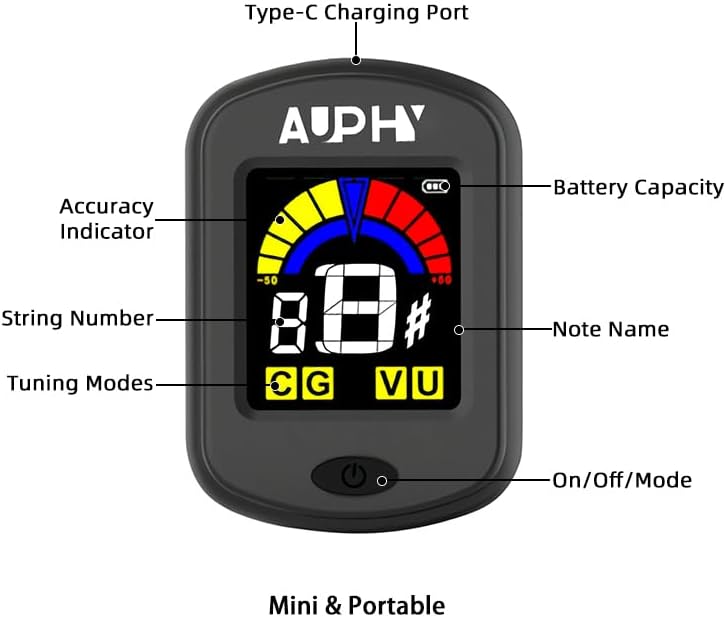 AUPHY Store Rechargeable Clip-On Tuner for Guitar, Ukulele, Violin - Chromatic Tuner for Bass, Banjo, Mandolin etc - 440Hz Fixed Standard Tuning with LED Display & Auto Shut Off(Type-C cable not included) - Image 2